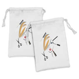 Ambesonne Hair Salon Fabric Pouch Set of 2, Beauty Salon Concept Make up Hairdo Comb Lipstick and Scissors, Small Drawstring Bag for Toiletries Masks and Favors, 9" x 6", Black Earth Yellow