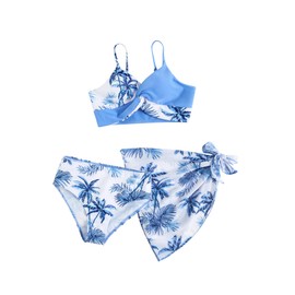 Milumia Girl's 3 Piece Swimsuit Floral Spaghetti Strap Bikini Set with Cover Up Skirt Dusty Blue 11 Years