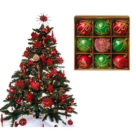 9pc Luxury Premium Baubles, Christmas Tree Bauble Decorations Matte, Glitter, shiny & Frosted (6cm) (Red & Green)
