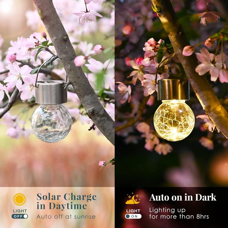 SOLPEX Hanging Solar Lights Outdoor, 8 Pack Decorative Cracked Glass