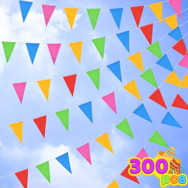 300 Pennant Flags 375ft 5 Colors Nylon Banner for Grand Opening, Carnivals Party and Shop Celebrations, Fiesta Party Supplies, Luau Event, Mexican Festivals.