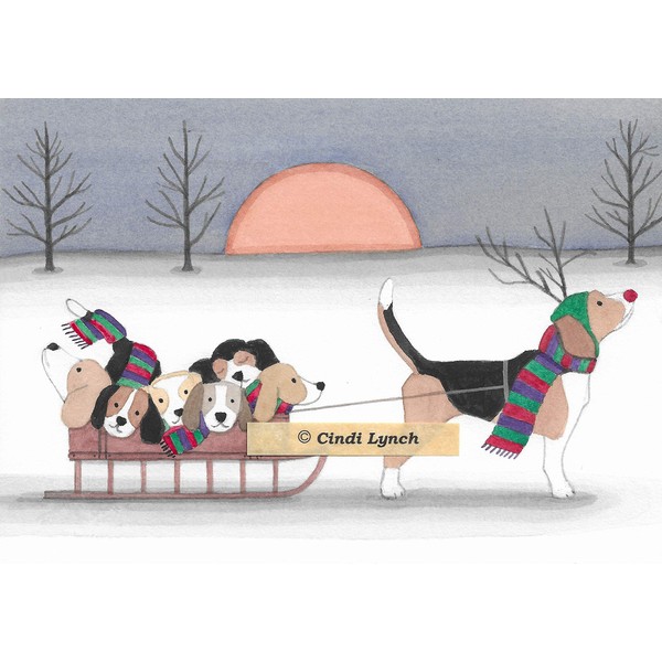 Lynch 12 Christmas cards: Beagle family takes a holiday sled ride folk art