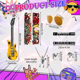 Saier tbo 11Pcs Rockstar Costume Set, Rock Fancy Dress Kit with Hippie Wig Sunglasses Headband Guitar Props for Men Women Punk Party Carnival Cosplay