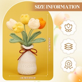 Marsui Crochet Knitting Tulip Bouquets with Vase 7.1 Inch Knitted Artificial Forever Tulip Hand Woven Flower with Exquisite Pot for Women Birthday Gifts Family Home Office Decor (Yellow)