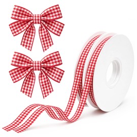 2 PCS Red Gingham Ribbon, 3/8" x 50 Yard Red and White Gift Wrapping Ribbon