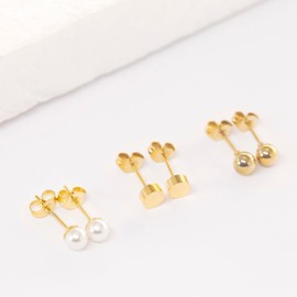 ELBLUVF Set of 3 Pairs Stainless Steel Rose Gold Plated Minimalist Tiny Pearl Circle Dot Round Ball Stud Earrings Jewelry For Women (Gold Dot Ball Pearl)