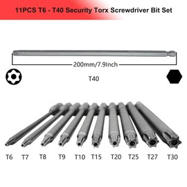 SeonFook 11PCS 200mm 1/4" Hex Shank Torx Screwdriver Bit Set, S2 Steel Magnetic Security Torx Bit, Tamper Proof Star Screwdriver Bit Set, extra long T6 - T40 Security Torx Bit with CNC Machined Tips