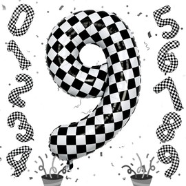 40 Inch Number 9 Balloons for Boys, Checkered Big 9th Birthday Balloons Decor, Helium Black and White Self Checkered Inflating Foil 9 Racing Balloons for Boys Race Car Flag Party Decoration Supplies