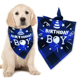 ExceLife Plaid Dog Birthday Bandana, Adjustable Plaid Pet Triangle Scarf Bibs for Dog Puppy Birthday Party Supplies, Birthday Boy, Blue