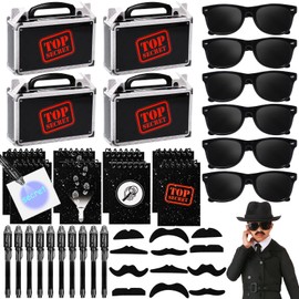 Mishopy 44 Spy Detective Party Favors Birthday Supplies Gif Box Glasses Invisible Ink Pen Top Secret Mini Notebook Fake Mustaches Kid Spy Toy Gift Detective Game Escape Room Party Favors