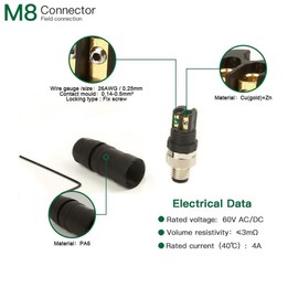 ECARCONETS M8 3 Pin Male Connector A Coding Straight Aviation Wire Plug Adapter, M8 Industrial Field Assembly Circular Sensor Connector, IP67 Waterproof Durable 8mm Socket Panel Mount Connector