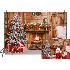 LTLYH 7x5ft Christmas Fireplace Photo Backdrop Rustic Fireplace Wooden House Backdrop Christmas Tree Photo Backdrop Xmas Eve Family Party Decorations Photo Photography Background 111