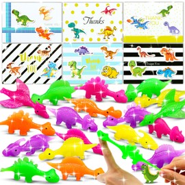 30pcs Dinosaur Finger Slingshot Toys with 30 Cards Dinosaur Stickers Catapult Animal Finger Toys Dinosaur Party Favors for Kids Gifts Valentines