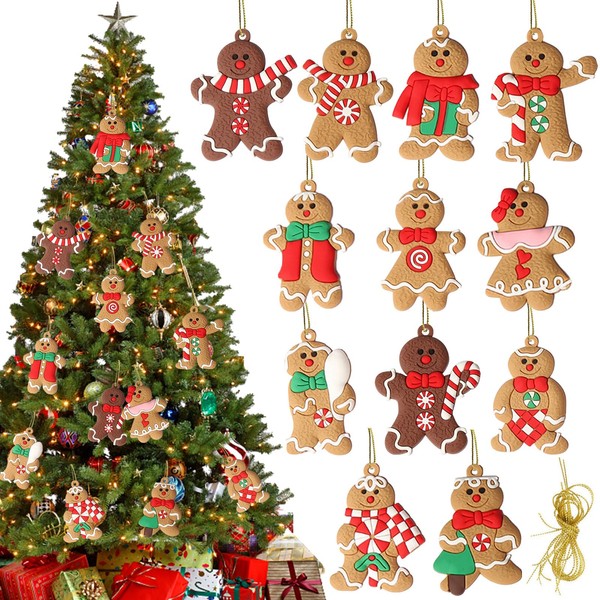 Vordpe 12 Pieces Gingerbread Christmas Tree Decorations Christmas Tree Decorations Set Christmas Tree Decorations for Kids Home Party