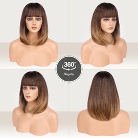 FESHFEN Short Bob Wigs with Fringe for Women, Medium Length Synthetic Wigs, Straight Hair Wigs for Women, 35 cm, Black Roots to Brown Blonde