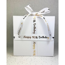 Gold Swirly Foil Print Happy 90th Birthday Ribbon Satin 2m x 25mm for Cakes, Birthday Cakes Gift Wrap Wrapping Ribbon Cards Birthday Decorations Craft