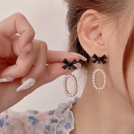 Yheakne Boho Bow Pearl Drop Earrings Vintage Oval Pearl Earrings Oval Pearl Hoop Earrings Black Bow Knot Stud Earrings Jewelry for Women and Girls