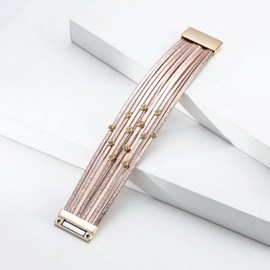 Multilayer Leather Cuff Bracelets for Women Bohemian Stackable Leather Wrap Bracelets Rhinestone Bracelets with Magnetic Clasp(champagne)