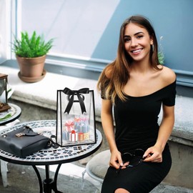 Clear Plastic Gift Bags with Handles, 12 Pack, Elegant Black Frame & Ribbon, Large Capacity for Gift Baskets, PVC Material, 14 in x 9.5 in x 4