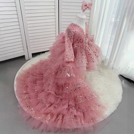 bluqulo Baby Girl Pageant Dress Sequin Embroidered lace Toddler Floral Wedding Birthday Party Dress with Trailing Tail (US, Age, 3 Years, 4 Years, Pink)