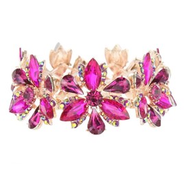 QYJ Wedding Bridal Elegant Teardrop Rhinestones Marquise-Shape Crystal Elastic Bangle Stretch Bracelet jewelry for Bride (Style1-Rose Red-Gold Plated, Alloy)