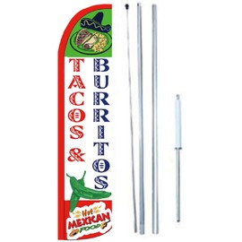 Tacos Burritos Hot Mexican Food King Windless Flag Sign with Complete Hybrid Pole Set