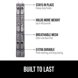 GORILLA GRIP Over the Door Shoe Organizer, 12 Large Breathable Mesh Pockets, Space Saving Hanging Storage Holder, 2 Hook Closet Rack Hanger, Hangs on Closets for Shoes, Accessories, 64H x 9.5W Gray