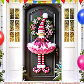 BlissYard Pink Elf Girl Door Cover 71x35 Inch Christmas Banner for Front Door Outdoor Indoor Decoration Holiday Background with Striped Hat Skirt Snowflake Wreath Curls Shoes Red Bow Decoration
