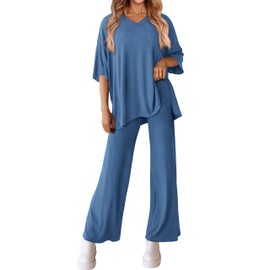 MASCOMODA Womens Summer 2 Piece Outfits Short Sleeve V Neck Tops Wide Leg Long Pants Casual Tracksuit Lounge Set(Blue,Small)