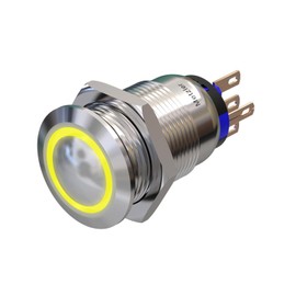 Metzler - Push Button 19mm - LED Ring Lighting Yellow - IP67 IK10 - Stainless Steel - Curved - Solder Contacts