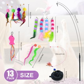 SUPERPAWS 13PCS Teaser Cat Feather Toys Set -with 1 Suction Cup,2 Wands,Including 4 Caterpillar,Interactive Toy for Indoor Cat,Kitten Toys for Teaser Play and Chase Exercise