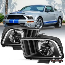 SOCKIR OE Style Headlight Assembly Set w/Bulbs Fit 2005-2009 Ford Mustang Halogen Headlamp Black Housing with Clear Reflector（ L+R ）