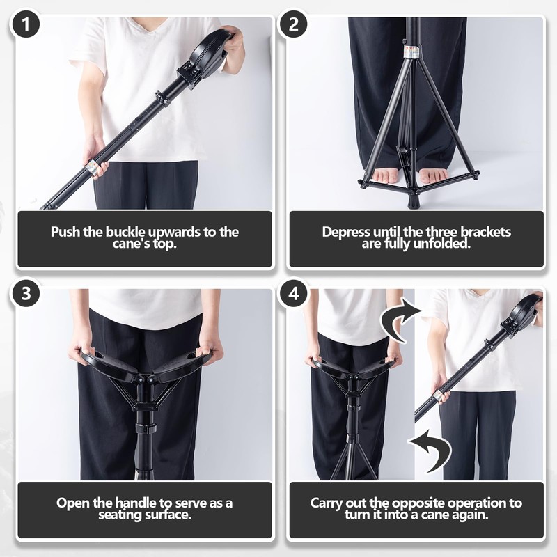 VIVETERA Folding Cane with Seat Lightweight 3.5lbs Aluminum Alloy&PP, Triple