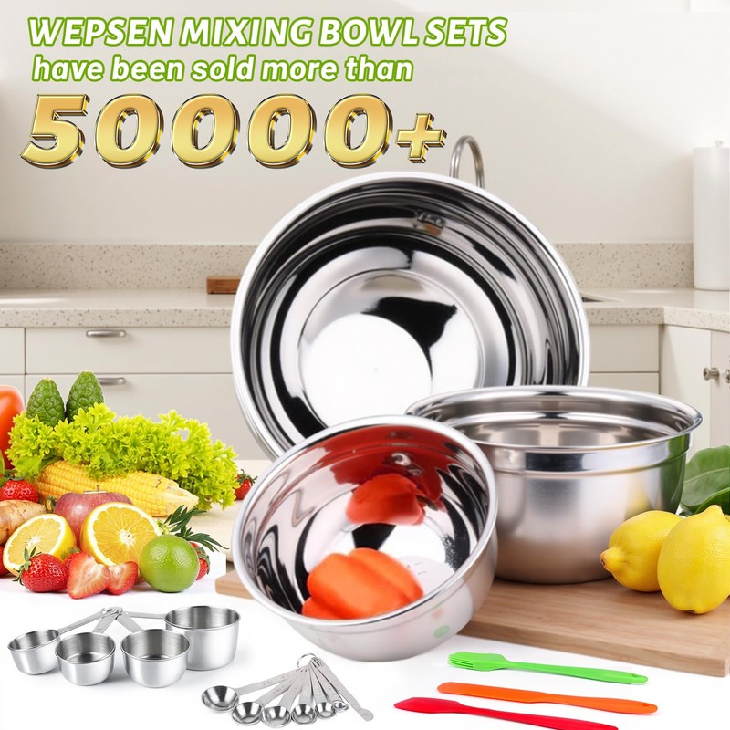 WEPSEN Mixing Bowls with Lid Set, 25PCS Kitchen Utensils Metal