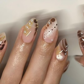 24STK Mittellange Press on Nails Almond Künstliche Nägel Alligator Print Fingernägel zum Aufkleben Perle Klebe Nägel Set Acrylnagelspitzen Accessories für Damen