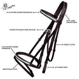 Exion Soft Lined Crownpiece Brass Clincher Studded Browband & Snaffle Flash Noseband Horse Bridle & Rubber Rein | English Jumping Bridle for Horses