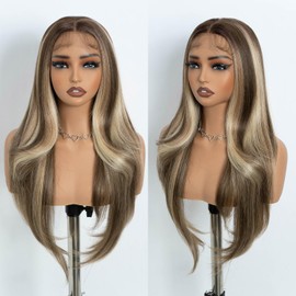 Style Icon Easy-360 Lace Wigs 28 inch Brown Highlight Free Part Lace Frontal Wigs 13x4 HD Glueless Straight Layered Lace Front Wig for Women Synthetic Wig