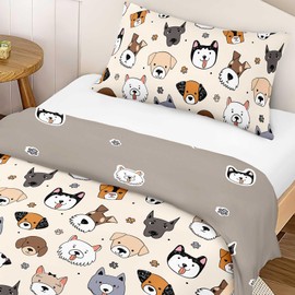 Highdi Toddler Bedding Set, White Animal Cot Bed Duvet Cover Set with 1 Pillow Case, Animal Cat Dog Print Kids Duvet Cover Reversible 2 Side Bedding Set-120 x 150cm