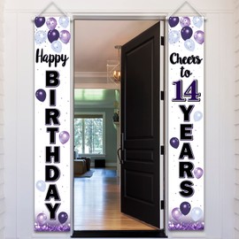 LASKYER Happy 14th Birthday Purple Door Banner - Cheers to Fourteen Years Old Birthday Front Door Porch Sign Backdrop,14th Birthday Party Decorations.