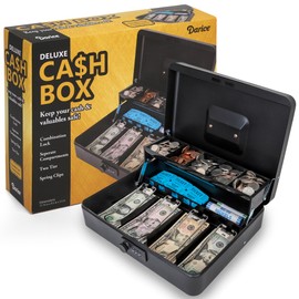 Darice Cash Box - Extra Large Money Safe for Cash- Foldable Money Box Organizer - Lock for Safety - Extra Compartment - Handle (9.5"x 11.75"x 3.5")