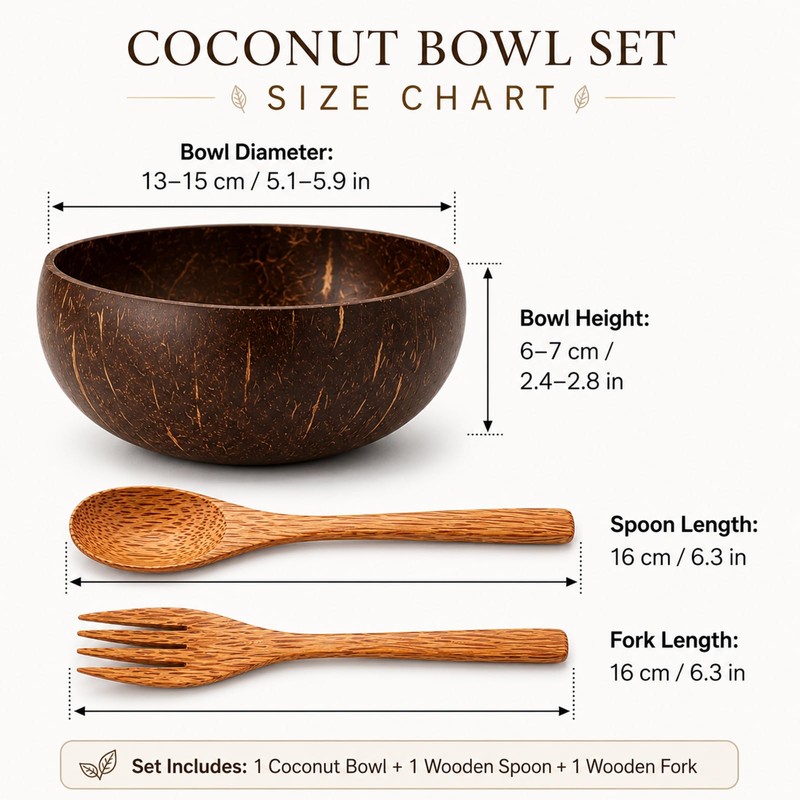 HANXIANG 3PCS Coconut Bowl and Wooden Spoon Set