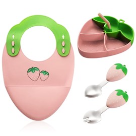 ZYLOSTORE Baby Feeding Set, Silicone Bowl & Utensils, 4-Piece Strawberry Design, Pink, For Every Occasion