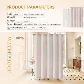 Boho Farmhouse Shower Curtain with Tassel - Striped Polyester Linen Blend Fabric Shower Curtain Set with PEVA Liner,Waterproof Curtain for Bathroom (No Hooks Require, Beige)