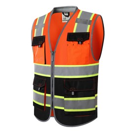 JKSafety Safety Vest for Men Women Hi Vis with Pockets and Cushioned Collar Reflective High Visibility Vest Class 2 Meet ANSI Standard OrangeBlack Color Extended Yellow Strips (BX360-OBLK XL) 1 Piece