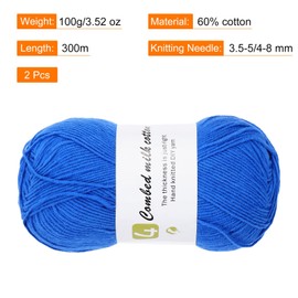 Rebower Cotton Yarn, 60% Cotton, 40% Acrylic Soft Knitting Yarn [for Hand DIY Bag Cushion Crocheting Knitting ] -2 Packages of 100g/3.52oz(Per Skein 100g/361yards)/Blue