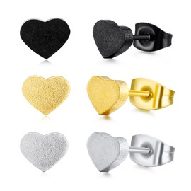 3 Pairs Heart Stud Earrings for Women, Flat Back Titanium Earrings Hypoallergenic Heart Shaped Earrings Cute Trendy Earring Stud (Black/Silver/Gold)