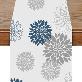Snycler 13x48 Inch Table Runner Blue Grey Dahlia Pinnata Flower Table Runners Modern Elegant Pompon Farmhouse Geometric Table Center White Linen Decor for Home Dining Party Entrance