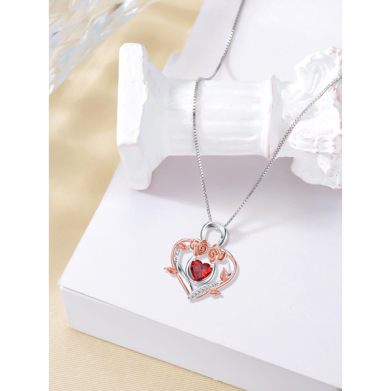 Dorunmo Infinity Heart Necklace 925 Sterling Silver Red Garnet Rose