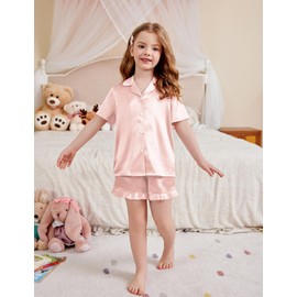Arshiner Girls Pajamas Silk Satin Pajama Set 2 Piece Button Down Pjs Ruffle Sleepwear Light Pink 9-10 Years