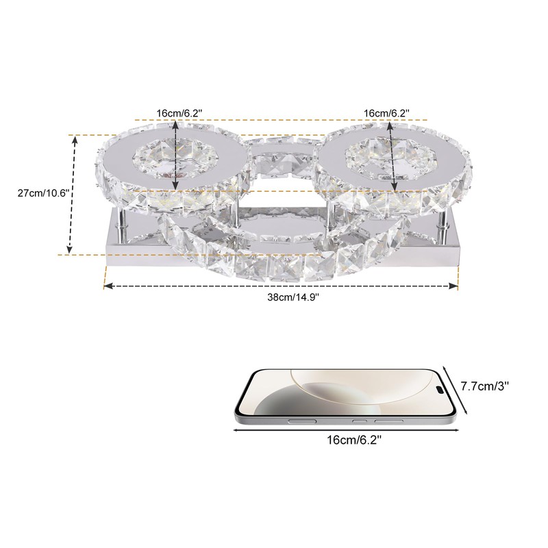 Zenouidle Dimmable Crystal Chandelier Modern Crystal Ceiling Light 3 Rings